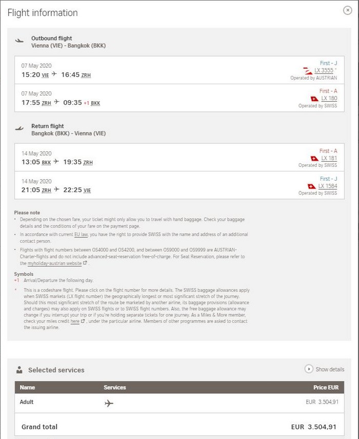 Preisbeispiel von Wien nach Bangkok in der Swiss First-Class