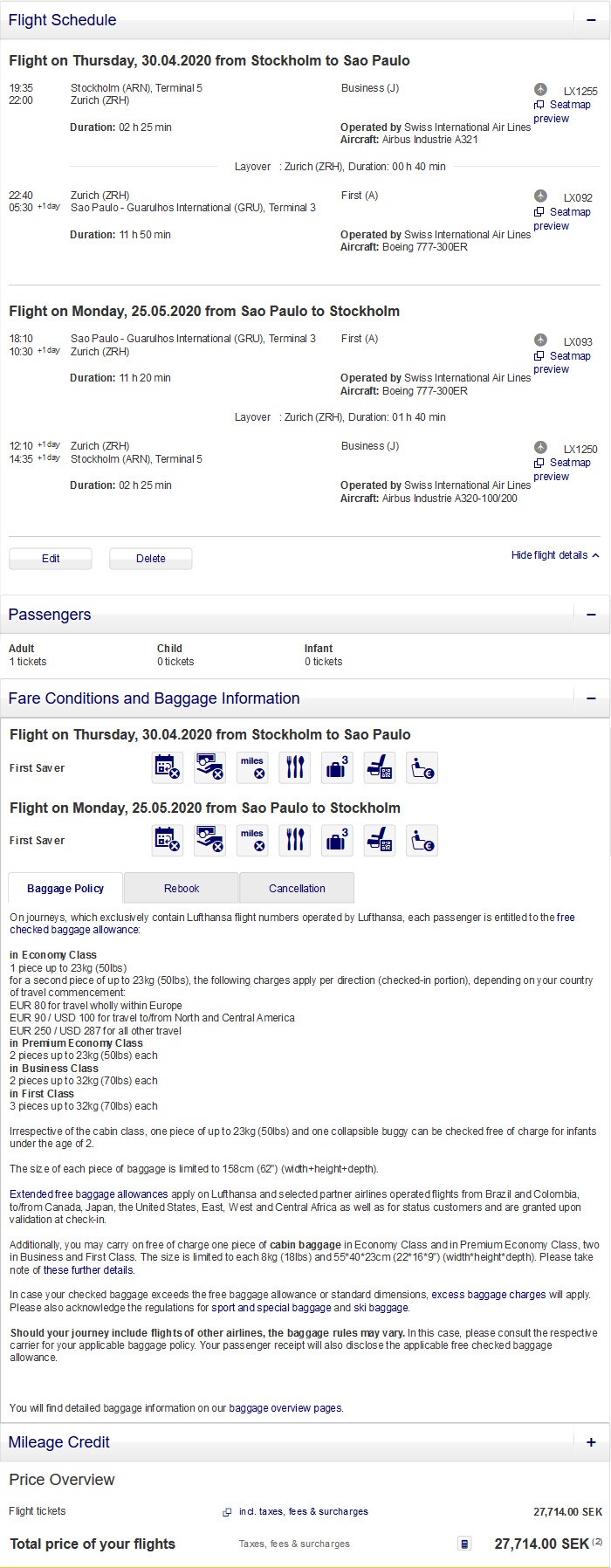 Preisbeispiel von Stockholm nach Sao Paulo in der Swiss First-Class