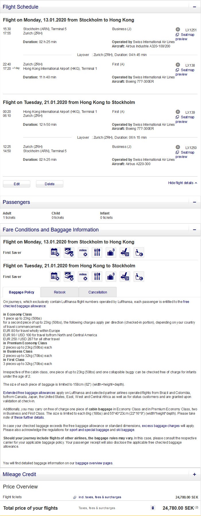 Preisbeispiel von Stockholm nach Hong Kong in der Swiss First-Class