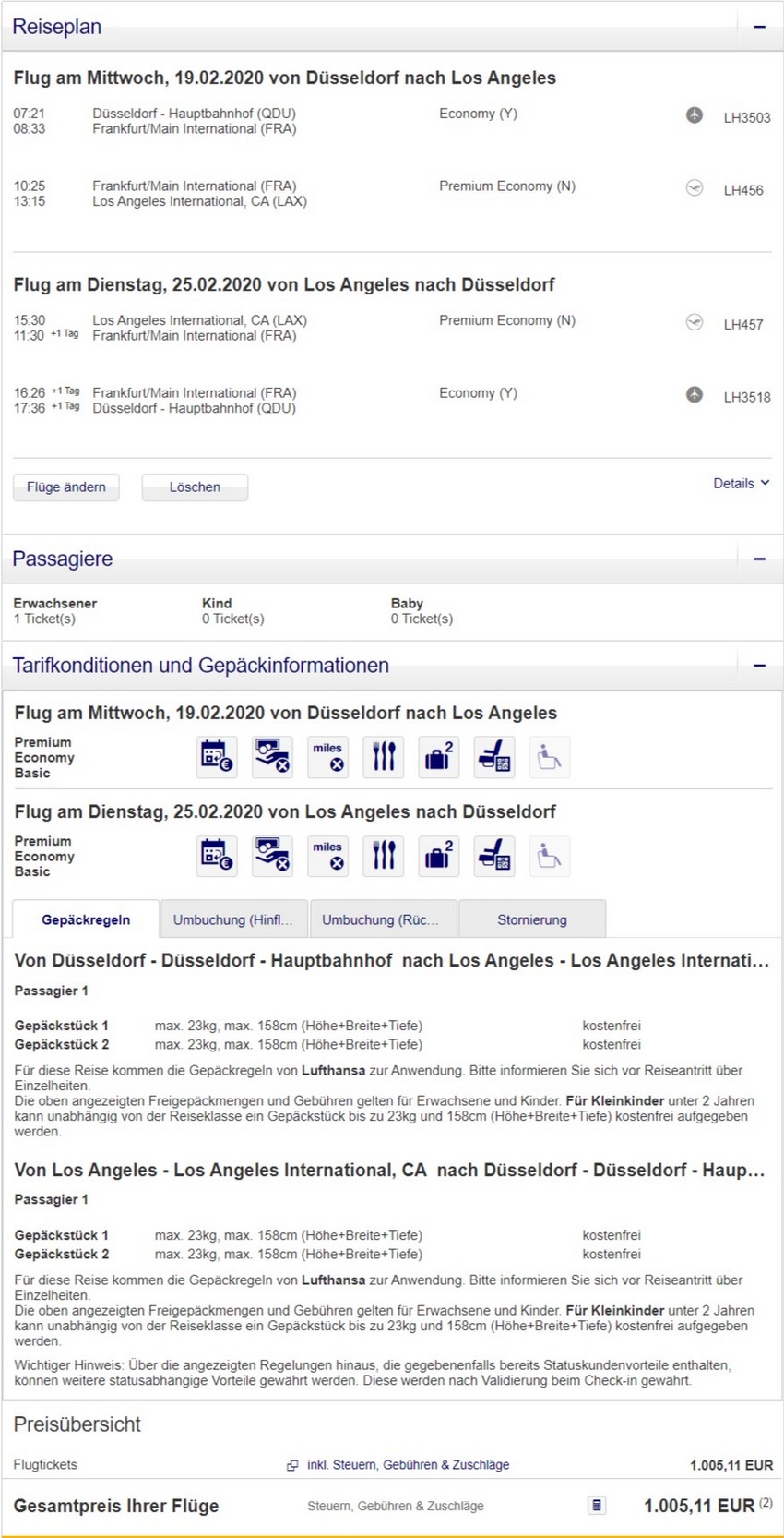 Preisbeispiel von Düsseldorf nach Los Angeles in der Lufthansa Premium-Economy-Class
