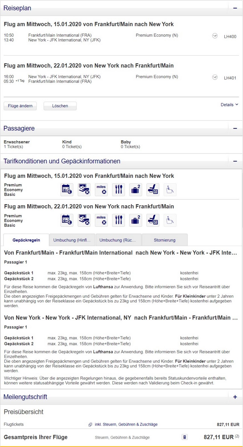 Preisbeispiel von Frankfurt nach New York in der Lufthansa Premium-Economy-Class