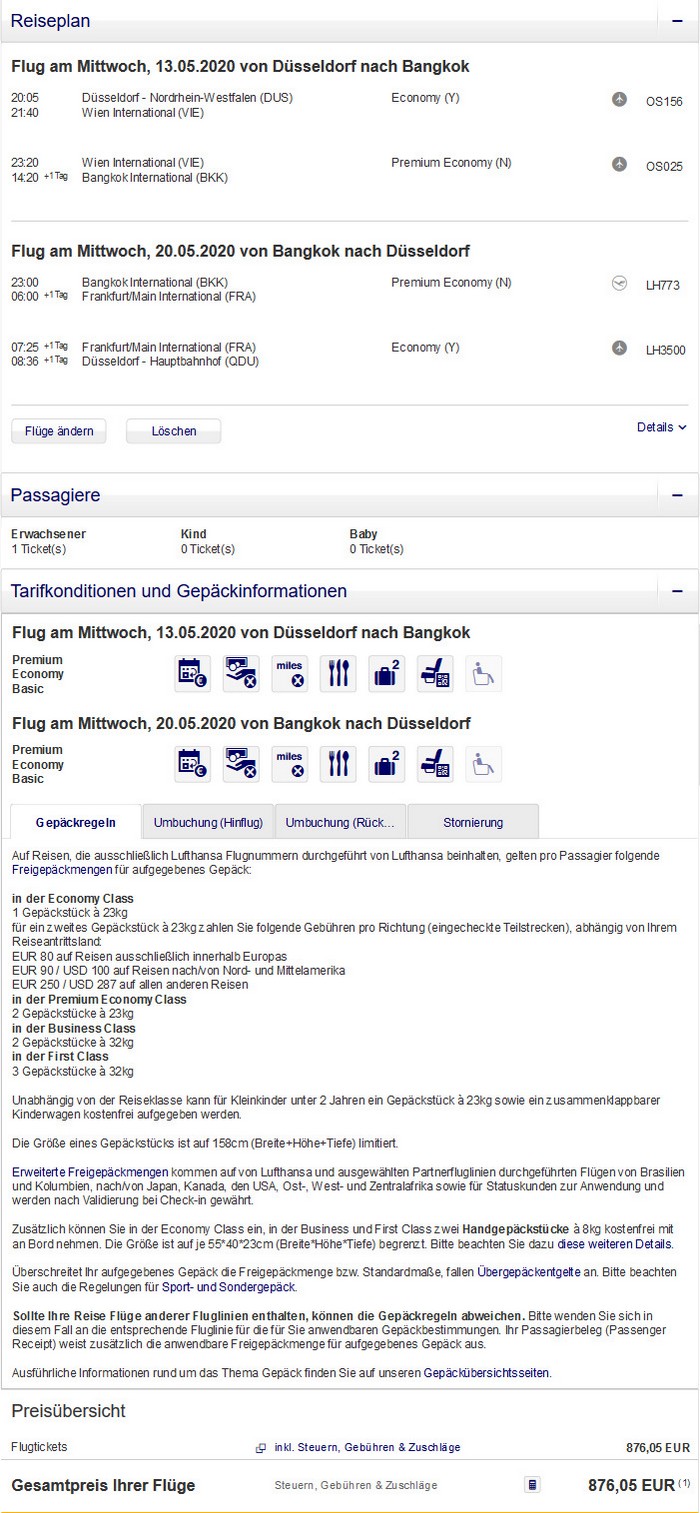 Preisbeispiel von Düsseldorf nach Bangkok in der Lufthansa Premium-Economy-Class