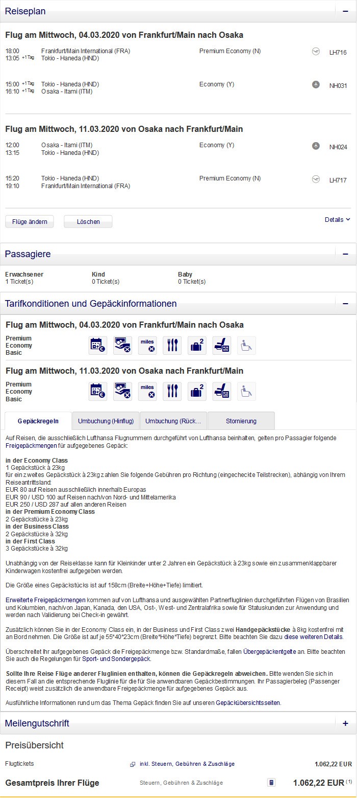 Preisbeispiel von Frankfurt nach Osaka in der Lufthansa Premium-Economy-Class