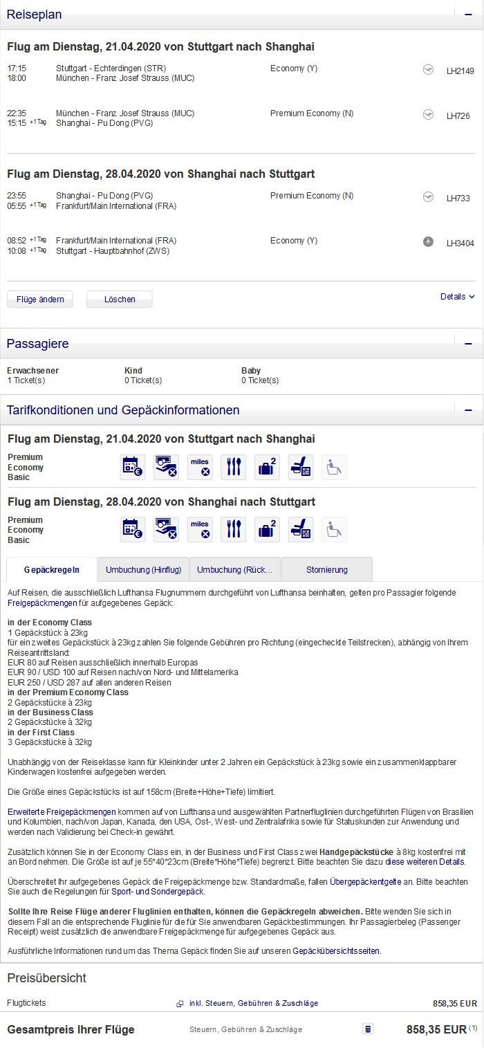 Preisbeispiel von Stuttgart nach Shanghai in der Lufthansa Premium-Economy-Class