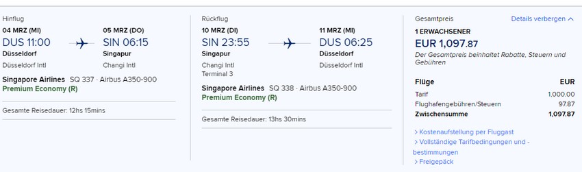 Preisbeispiel von Düsseldorf nach Singapore in der Singapore Airlines Premium-Economy-Class