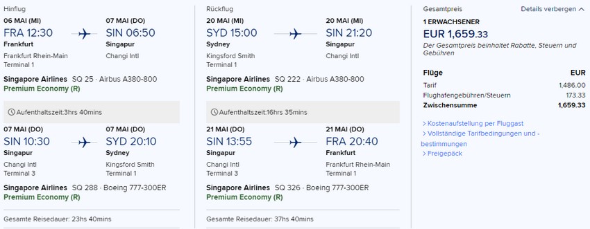 Preisbeispiel von Frankfurt nach Sydney in der Singapore Airlines Premium-Economy-Class