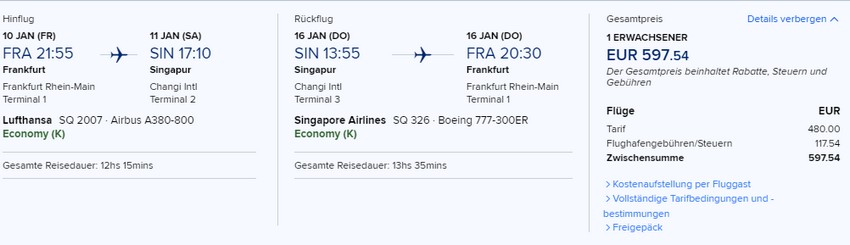 Preisbeispiel von Frankfurt nach Singapore in der Singapore Airlines Economy-Class