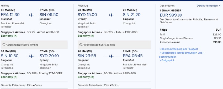 Preisbeispiel von Frankfurt nach Sydney in der Singapore Airlines Economy-Class