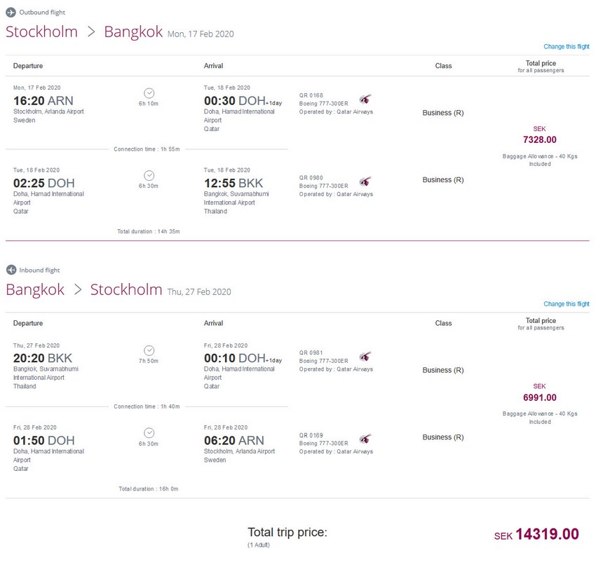 Preisbeispiel von Stockholm nach Bangkok in der Qatar Airways Business-Class