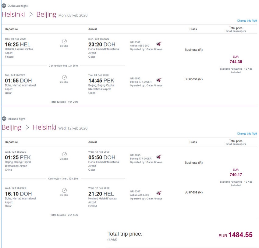 Preisbeispiel von Helsinki nach Peking in der Qatar Airways Business-Class