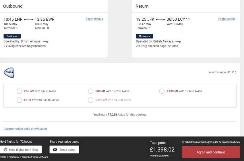 Preisbeispiel von London nach New York in der British Airways Business-Class