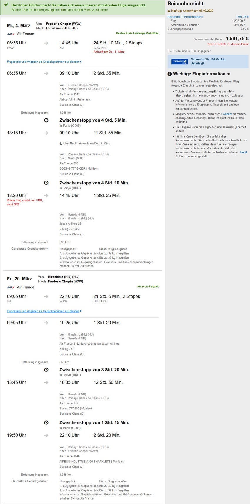 Preisbeispiel von Warschau nach Hiroshima in der Air France Business auf Expedia