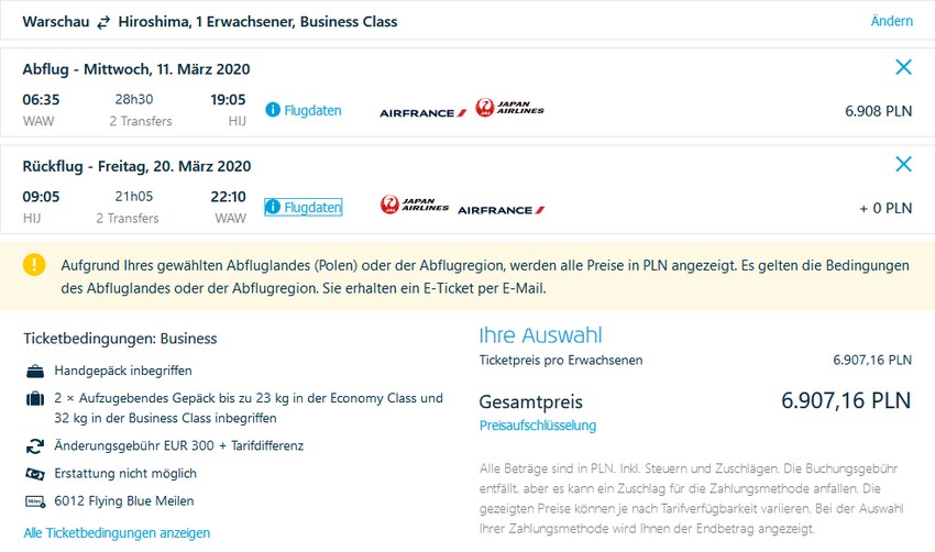 Preisbeispiel von Warschau nach Hiroshima in der Air France Business-Class