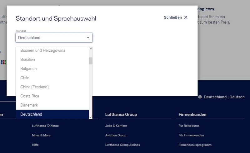 Einstellungen für Land und Sprache auf Lufthansa Homepage