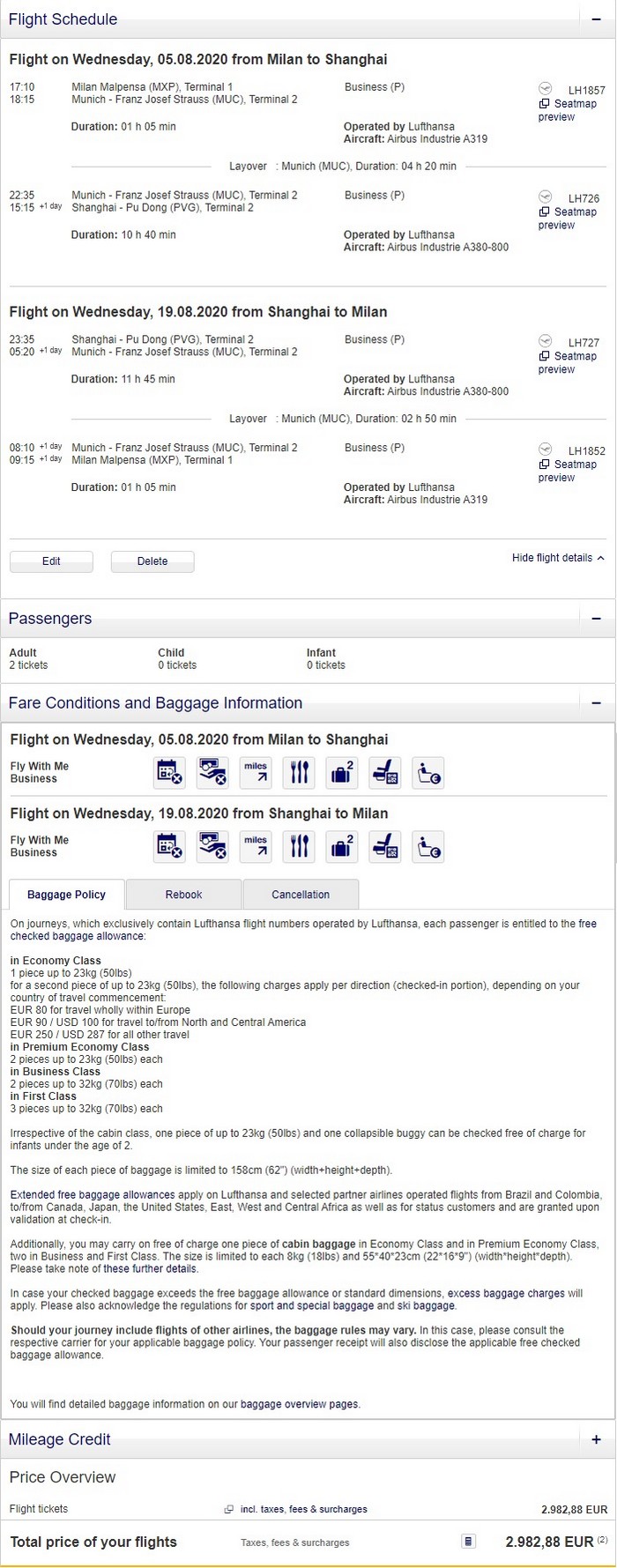 Preisbeispiel für Partnertarif von Mailand nach Shanghai in der Lufthansa Business-Class