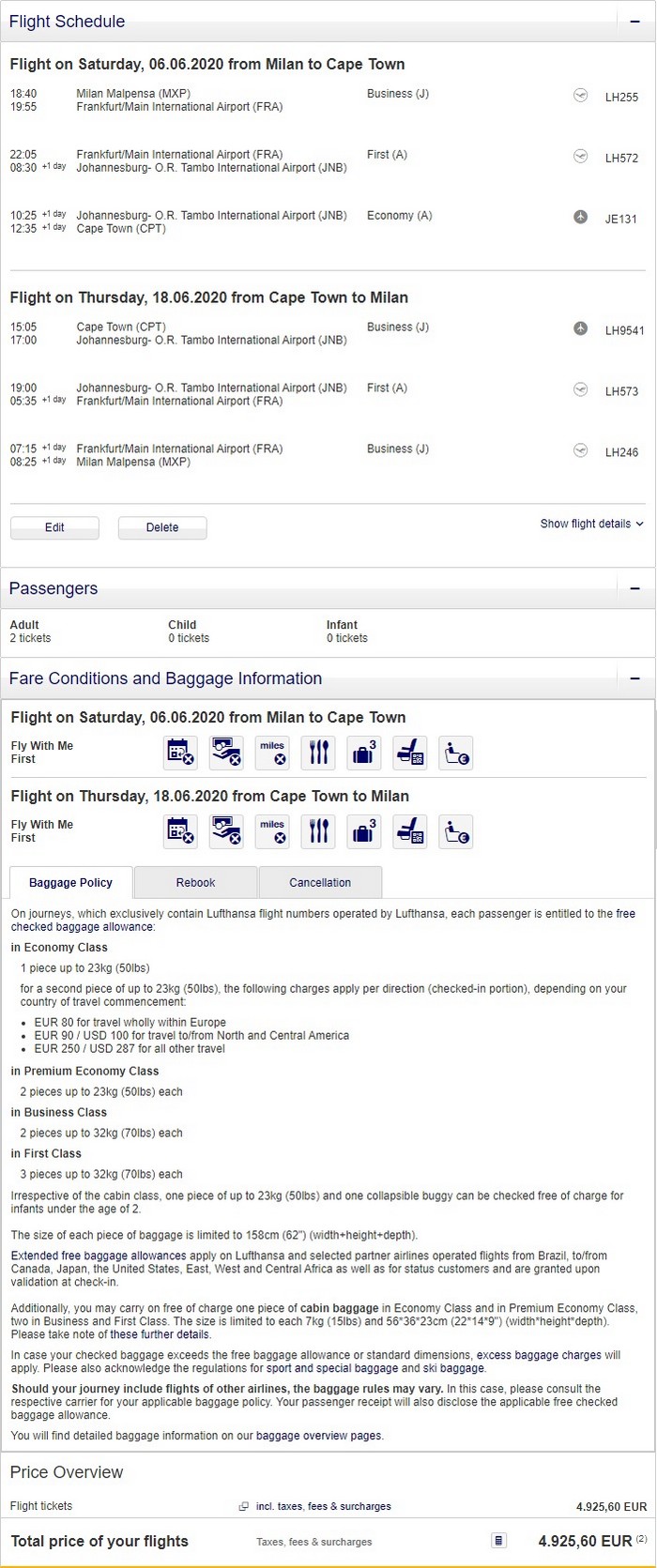 Preisbeispiel für Partnertarif von Mailand nach Kapstadt in der Lufthansa First-Class