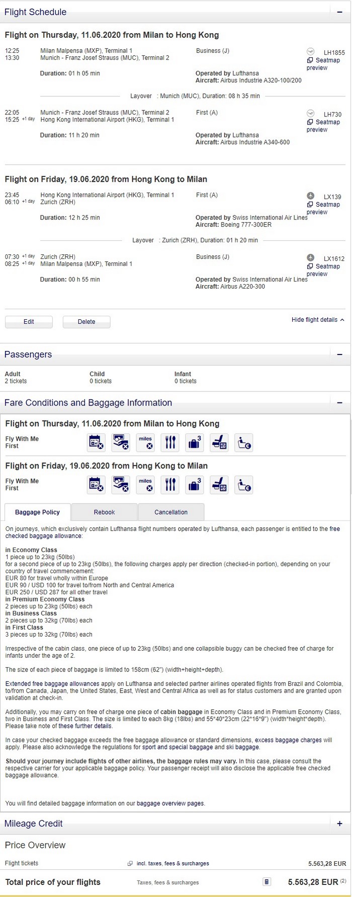 Preisbeispiel für Partnertarif von Mailand nach Hong Kong in der Lufthansa First-Class