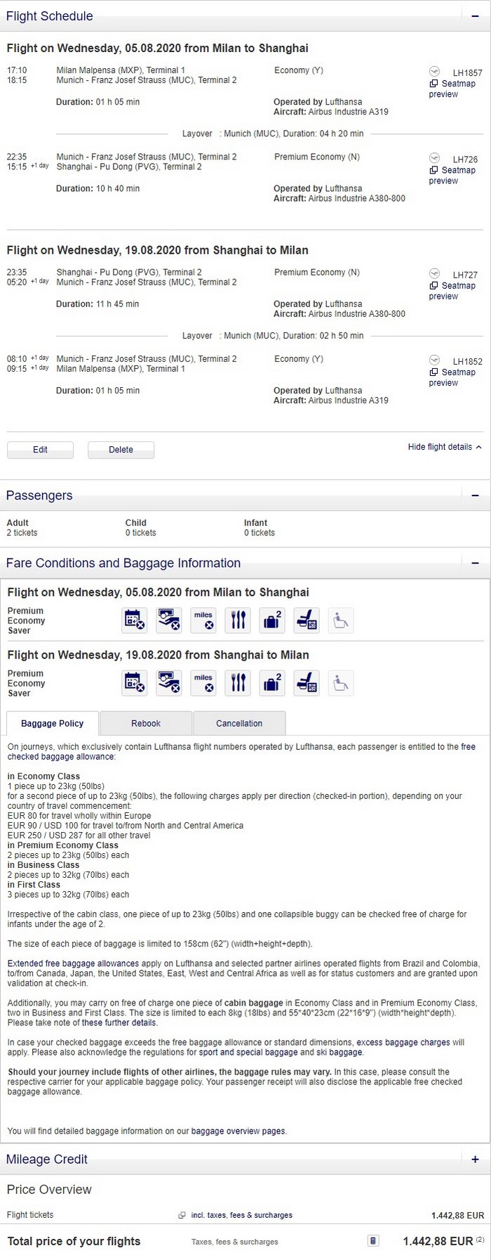 Preisbeispiel für Partnertarif von Mailand nach Shanghai in der Lufthansa Premium-Economy-Class