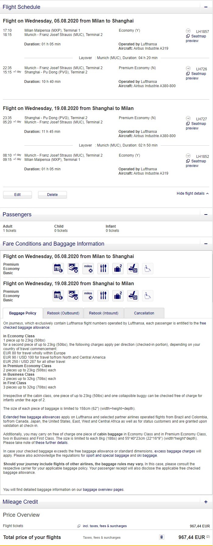 Preisbeispiel für Einzelperson von Mailand nach Shanghai in der Lufthansa Premium-Economy-Class