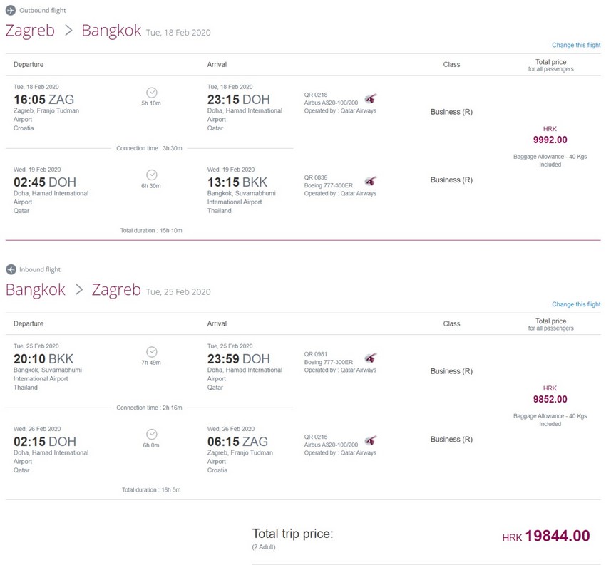 Preisbeispiel für Partnertarif von Zagreb nach Bangkok in der Qatar Airways Business-Class