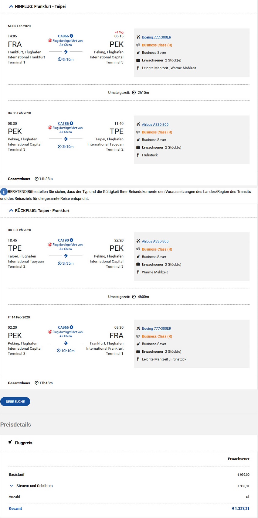 Preisbeispiel von Frankfurt nach Taipei in der Air China Business-Class