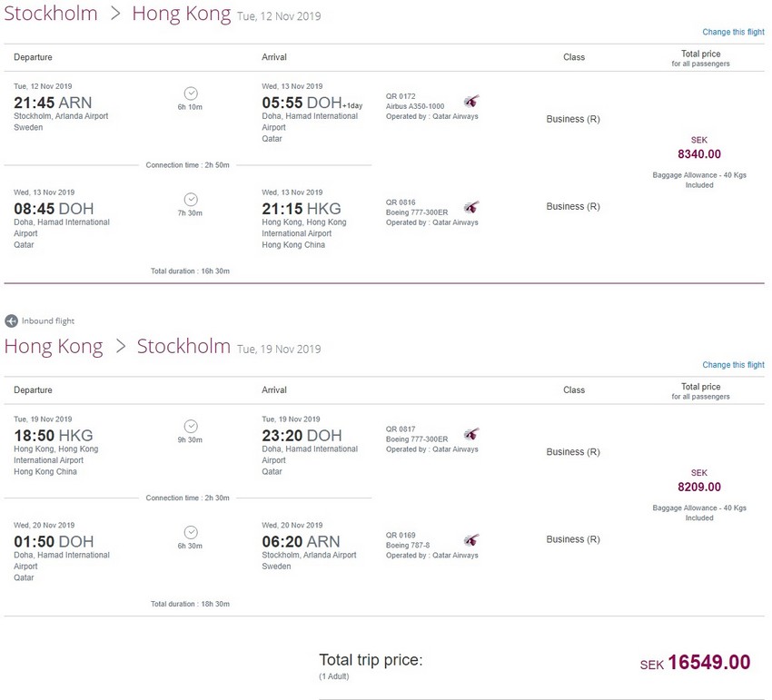 Preisbeispiel von Stockholm nach Hong Kong in der Qatar Airways Business-Class