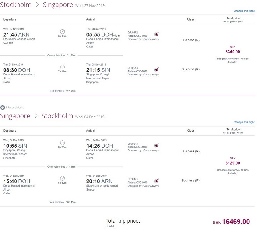 Preisbeispiel von Stockholm nach Singapore in der Qatar Airways Business-Class