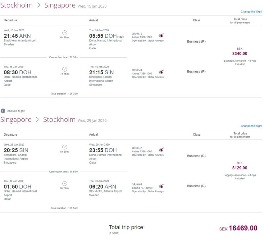 Preisbeispiel von Stockholm nach Singapore in der Qatar Airways Business-Class