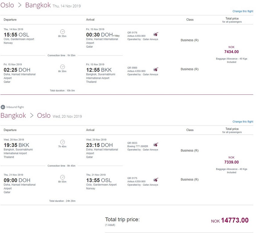 Preisbeispiel von Oslo nach Bangkok in der Qatar Airways Business-Class