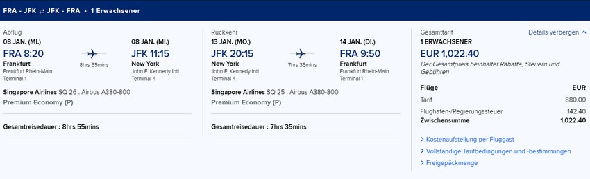 Preisbeispiel von Frankfurt nach New York JFK in der Singapore Airlines Premium-Economy-Class