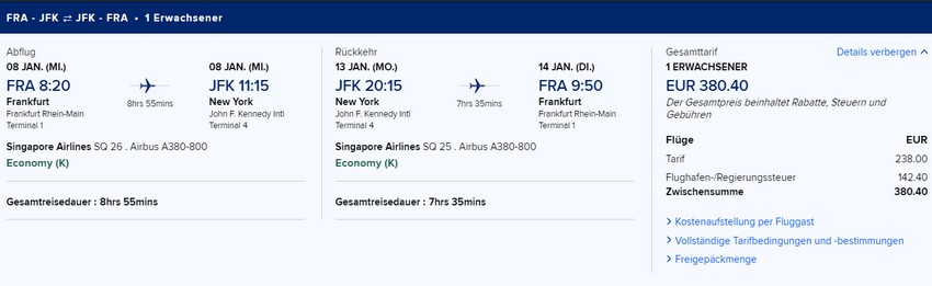 Preisbeispiel von Frankfurt nach New York JFK in der Singapore Airlines Economy-Class