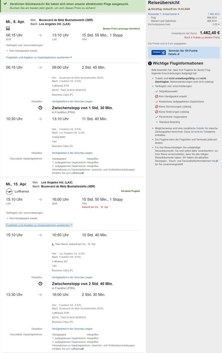 Preisbeispiel von Strasbourg nach Los Angeles in der Lufthansa Business-Class auf Expedia