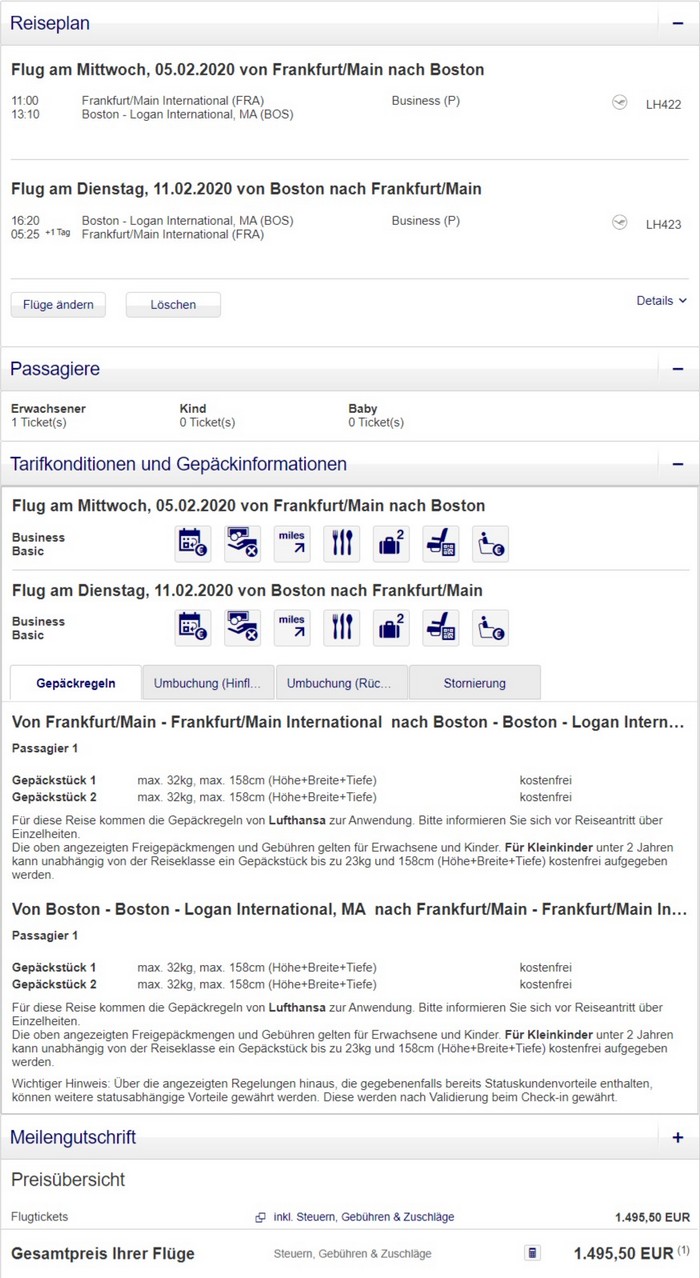 Preisbeispiel von Frankfurt nach Boston in der Lufthansa Business-Class