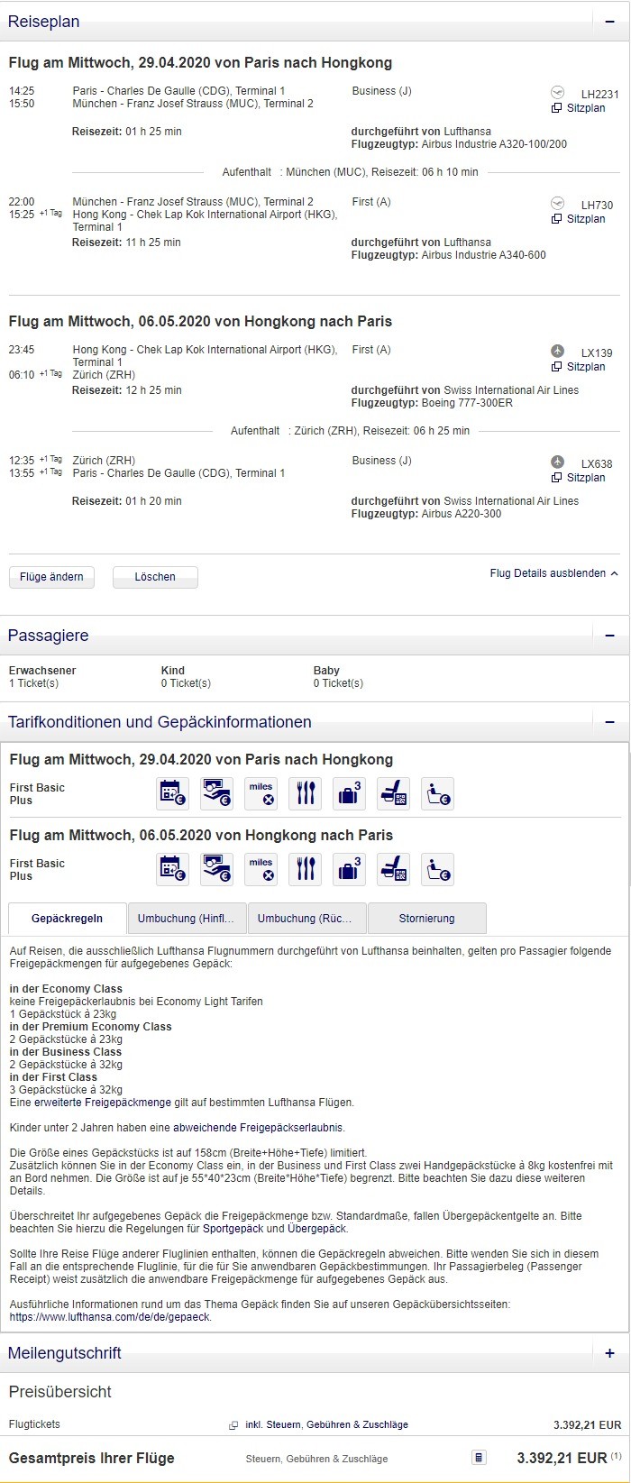 Preisbeispiel von Paris nach Hong Kong in der Lufthansa und Swiss First-Class
