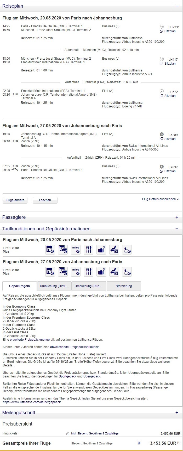 Preisbeispiel von Paris nach Johannesburg in der Lufthansa und Swiss First-Class