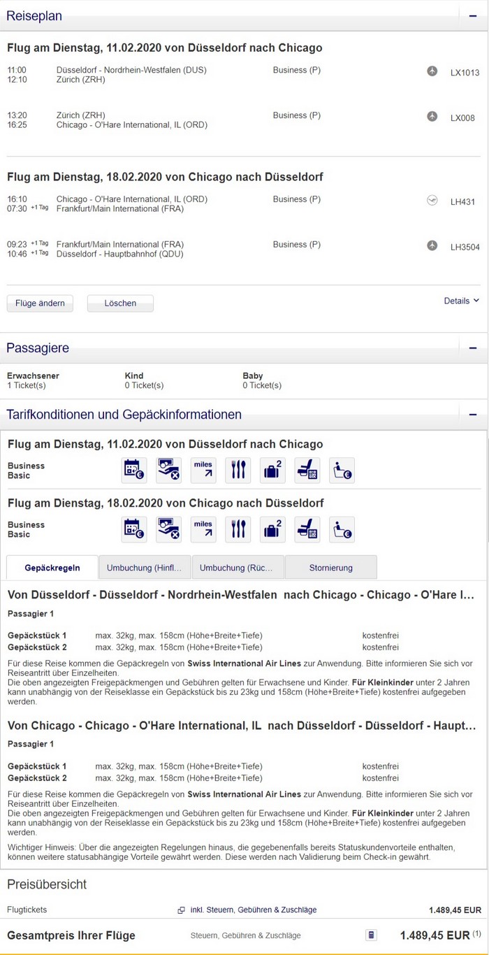 Preisbeispiel von Düsseldorf nach Chicago in der Lufthansa Business-Class