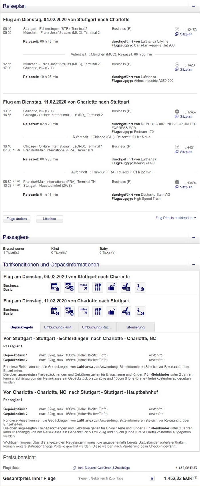 Preisbeispiel von Stuttgart nach Charlotte in der Lufthansa Business-Class