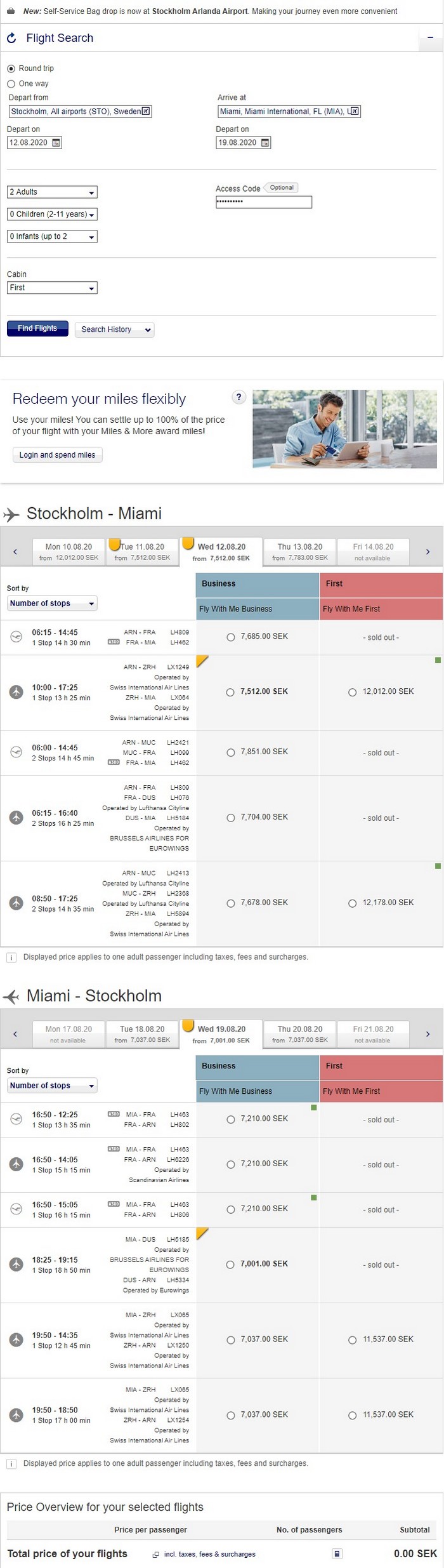 Übersicht über Lufthansa und Swiss First-Class Partnertarife ab Schweden, die bis 02.12.2019 buchbar sind