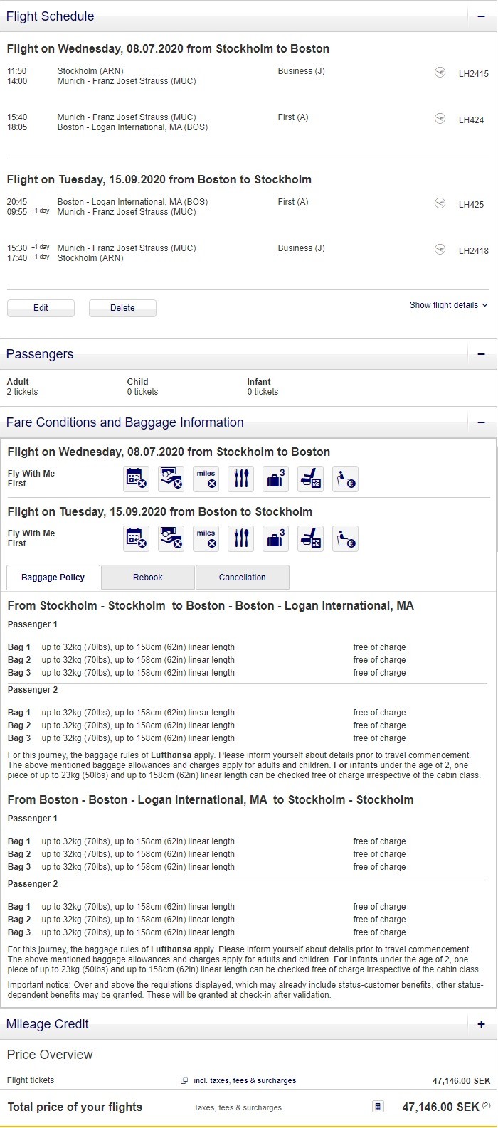 Preisbeispiel für Partnertarif von Stockholm nach Boston in der Lufthansa First-Class