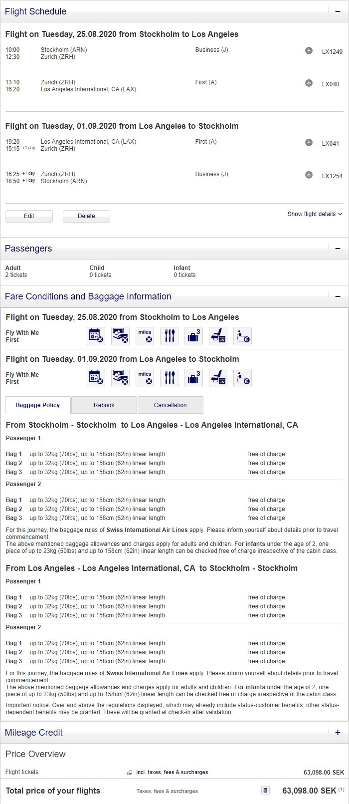 Preisbeispiel für Partnertarif von Stockholm nach Los Angeles in der Swiss First-Class