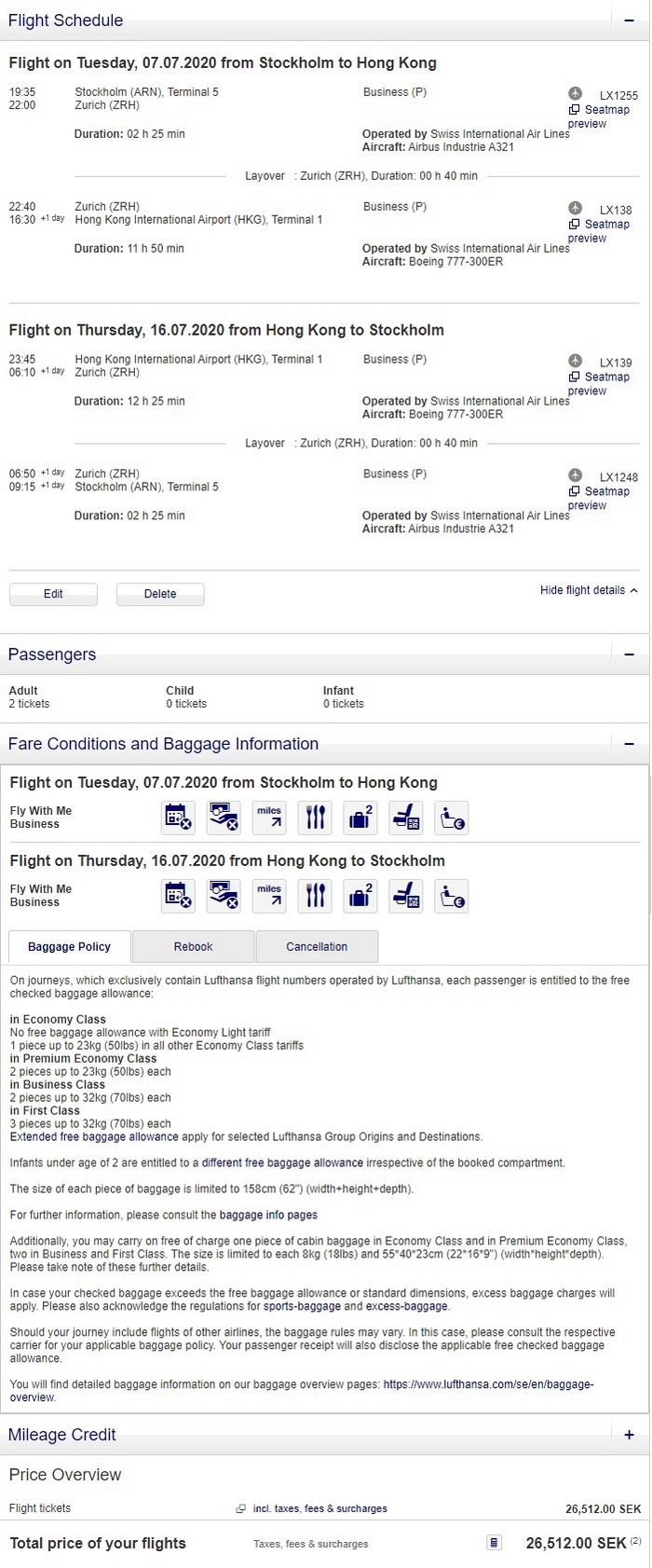 Preisbeispiel für Partnertarif von Stockholm nach Hong Kong in der Swiss Business-Class