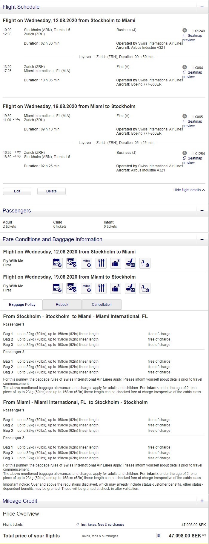 Preisbeispiel für Partnertarif von Stockholm nach Miami in der Swiss First-Class