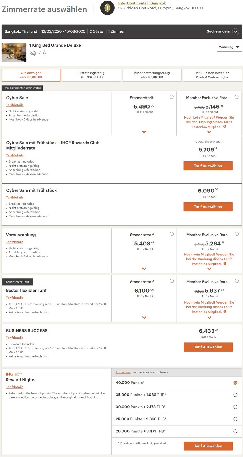 Vergleich IHG Cyber Sale und reguläre Raten im IC Bangkok