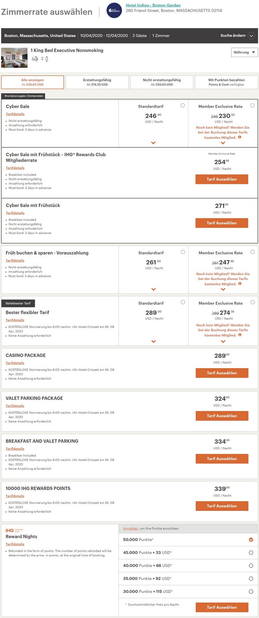 Vergleich IHG Cyber Sale und reguläre Raten im Indigo Boston Garden