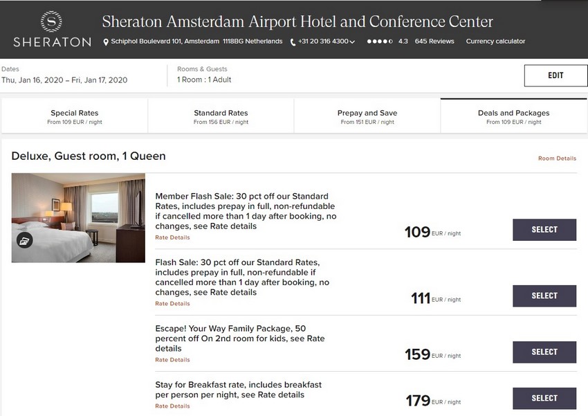 Vergleich der Zimmerpreise im Sheraton Amsterdam Airport