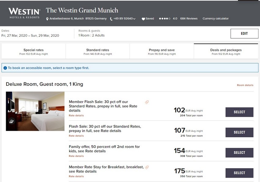 Vergleich der Zimmerpreise im Westin Grand München
