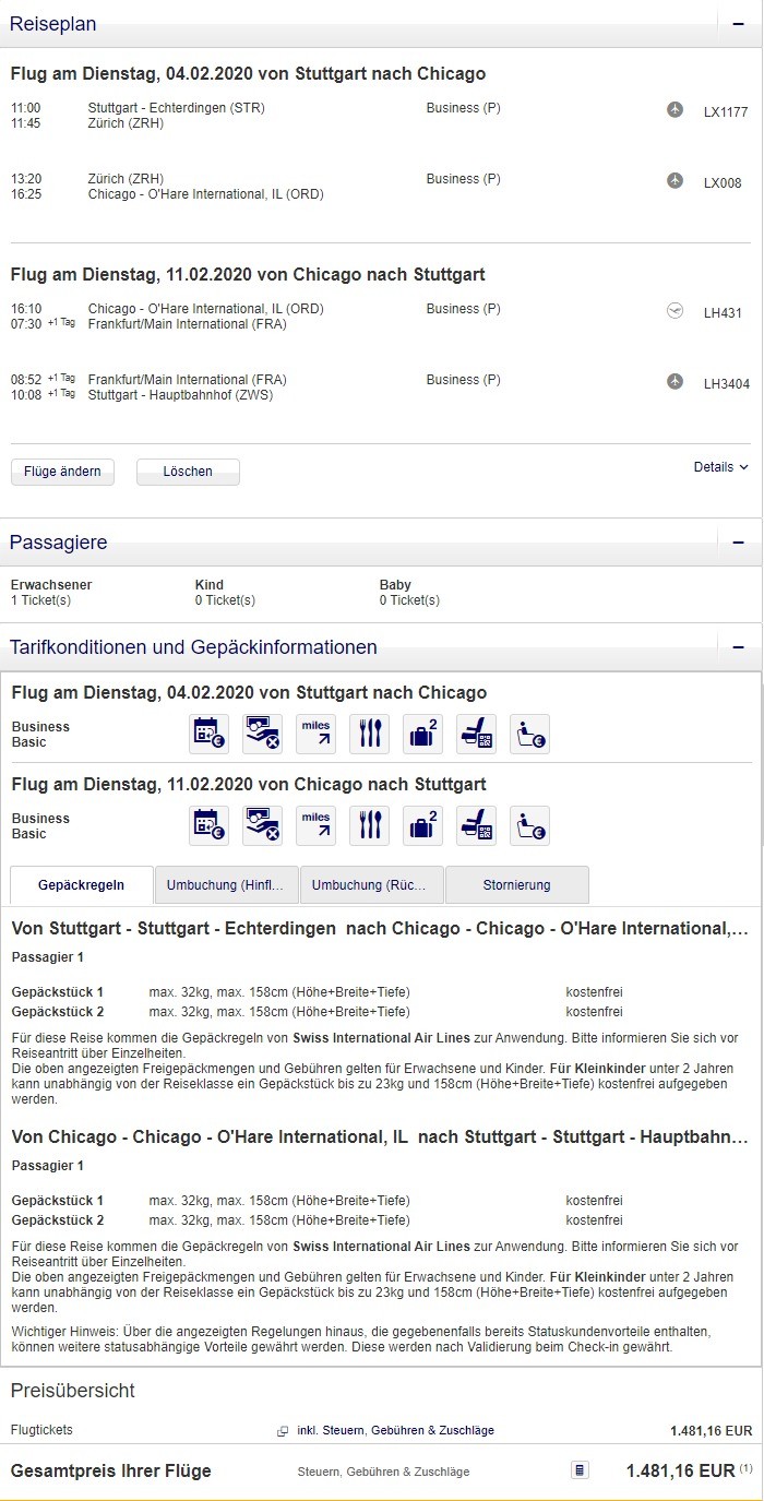 Preisbeispiel von Stuttgart nach Chicago in der Swiss Business-Class