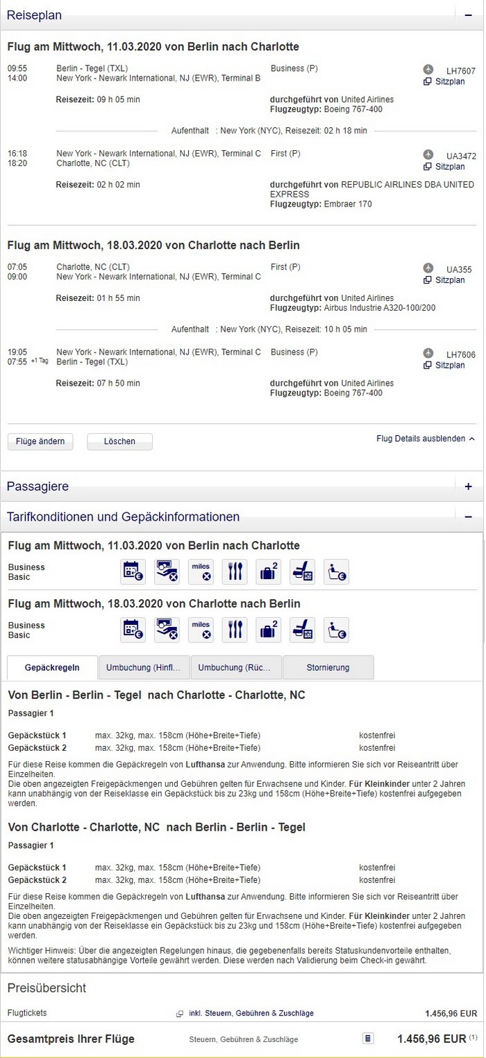 Preisbeispiel von Berlin nach Charlotte in der United Airlines Business-Class