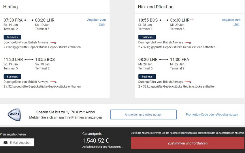 Preisbeispiel von Frankfurt nach Boston in der British Airways Business-Class