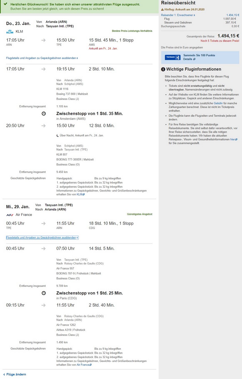 Preisbeispiel von Stockholm nach Taipei in der Air France / KLM Business-Class auf Expedia